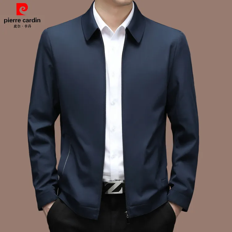 皮尔卡丹高档中年男士商务休闲行政夹克翻领纯色爸爸装春秋季男装