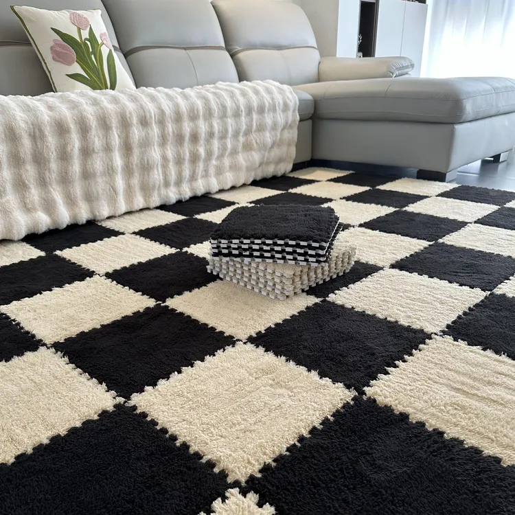 客厅地毯卧室房间轻奢高级拼接地垫大面积加厚耐脏棋盘格毛绒地毯