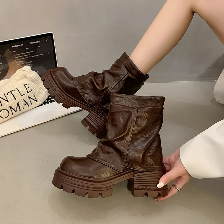 棕色复古粗跟厚底马丁靴女款2024新款春秋英伦增高显瘦裤管短靴子