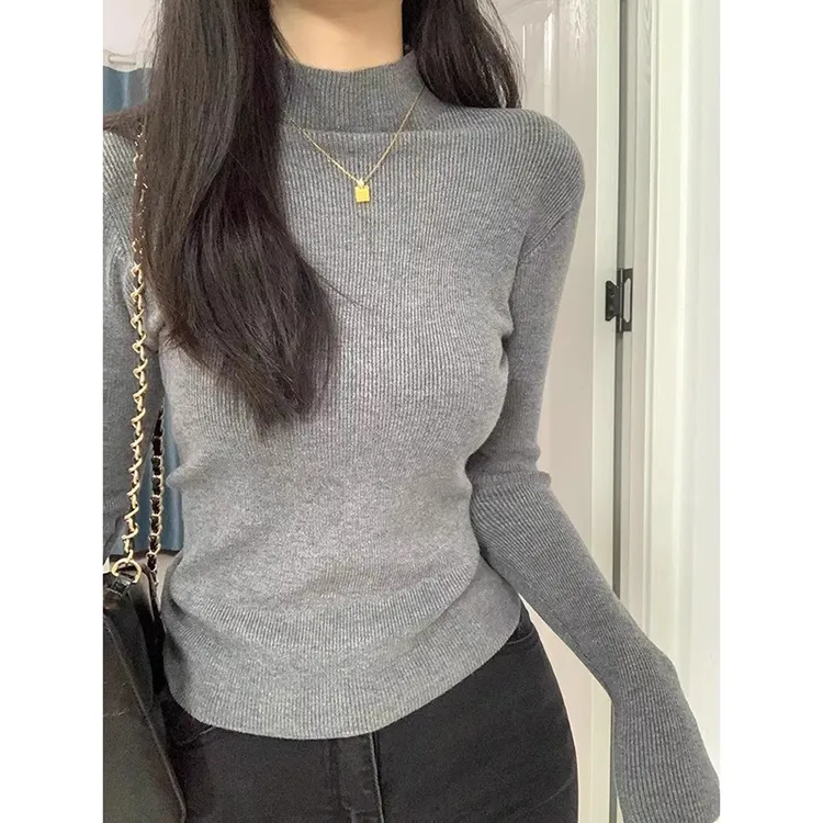 高级感软糯半高领针织打底衫女秋冬新款修身内搭长袖毛衣显瘦上衣