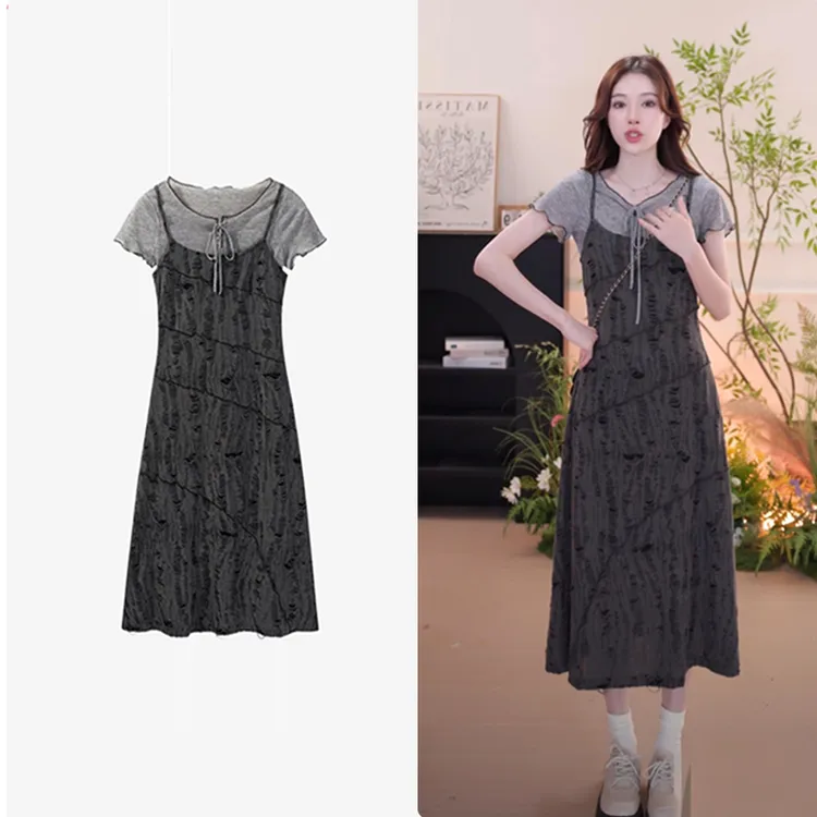 羊城故事文艺吊带v领破洞连衣裙气质针织休闲搭配灰色短袖套装