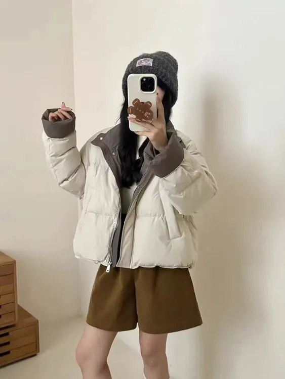 撞色拼接绒绒外套休闲立领女上衣宽松休闲简约加厚韩版冬季保暖