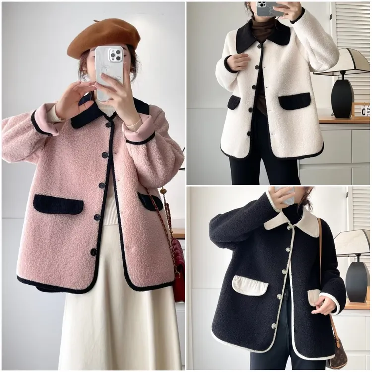 大码胖mm洋气显瘦撞色翻领颗粒绒外套女秋季新款宽松遮肉百搭上衣