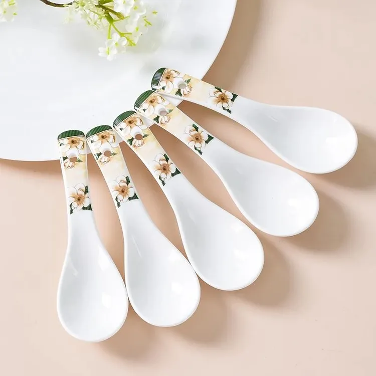 【S】山茶花陶瓷小汤勺10只装