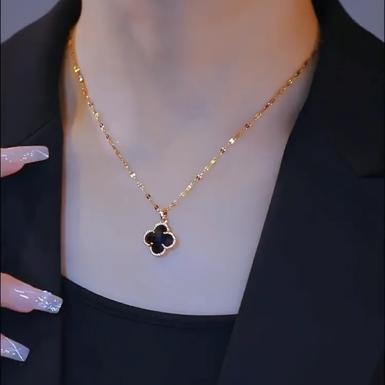 钛钢项链 小众网红毛衣链黑色经典四叶花项链女气质双面轻奢百搭商品图
