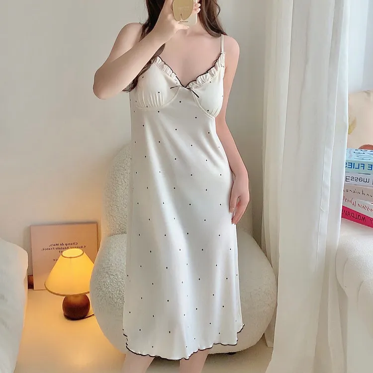 带胸垫吊带睡裙少女夏季薄款棉质中长款甜美波点女款睡裙