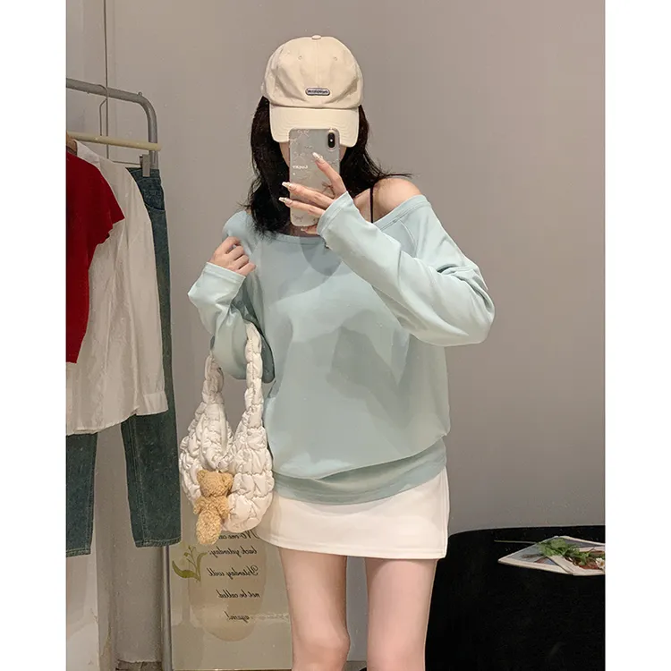 纯欲斜肩一字领长袖T恤女早秋宽松显瘦慵懒风内搭上衣ins