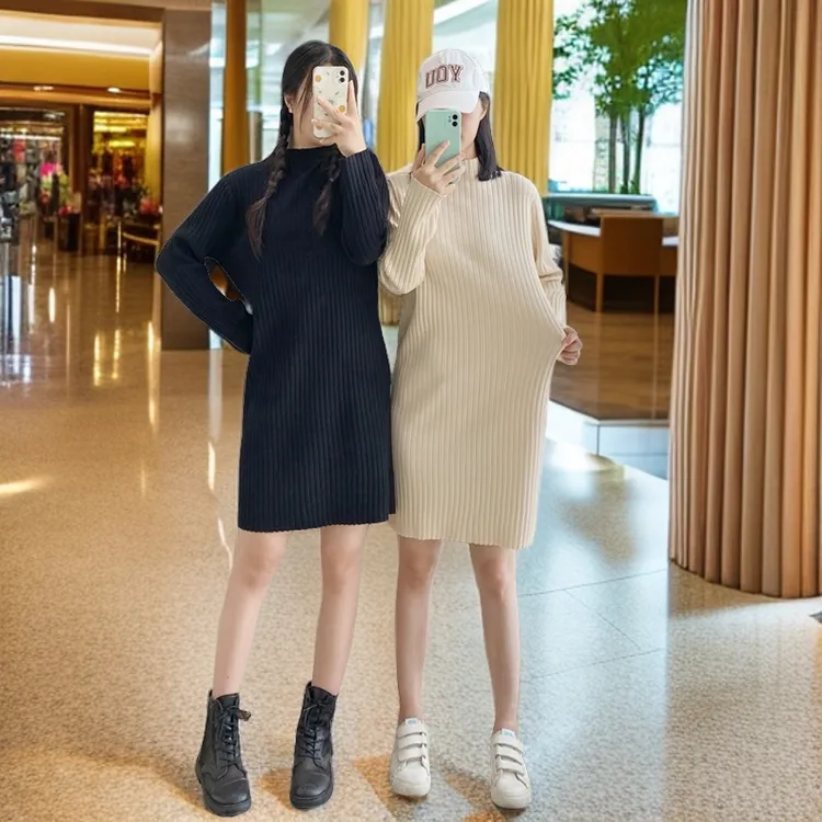2025秋冬款针织连衣裙女半高领配大衣中长款大码内搭小个子毛衣裙