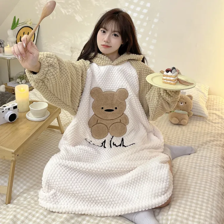 连帽睡袍秋冬季新款学生可爱小熊宽松舒适少女睡裙家居服卡通套装