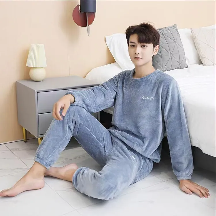 男士套装睡衣珊瑚绒秋冬加厚保暖宽松大码可外穿家居服青年暖暖衣