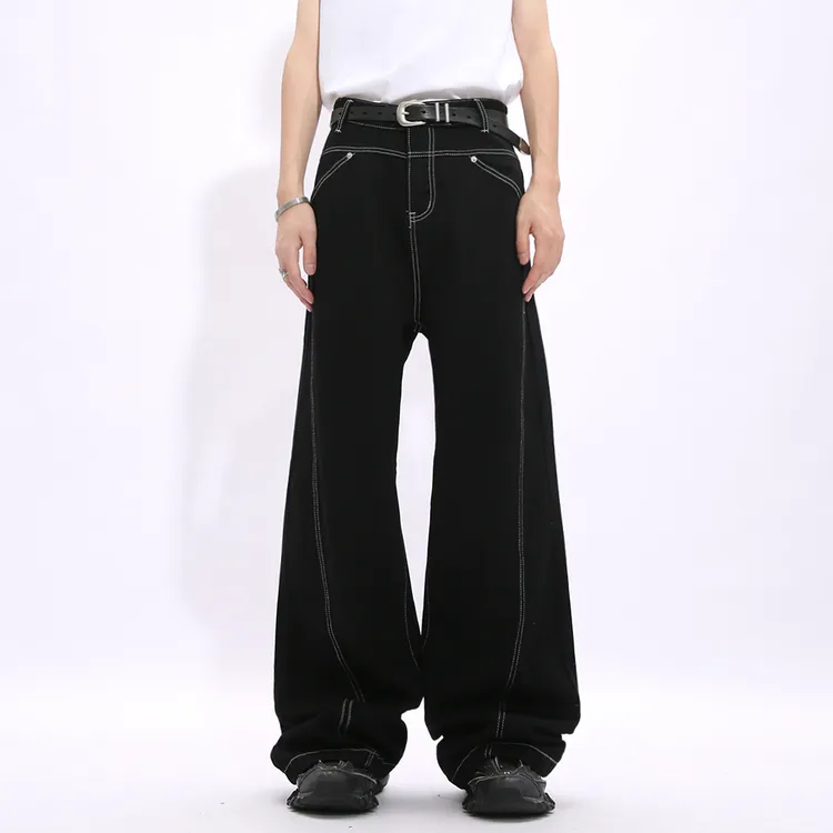 Voguo Relay设计感辑明线轮廓设计黑色牛仔裤男女同款阔腿直筒裤