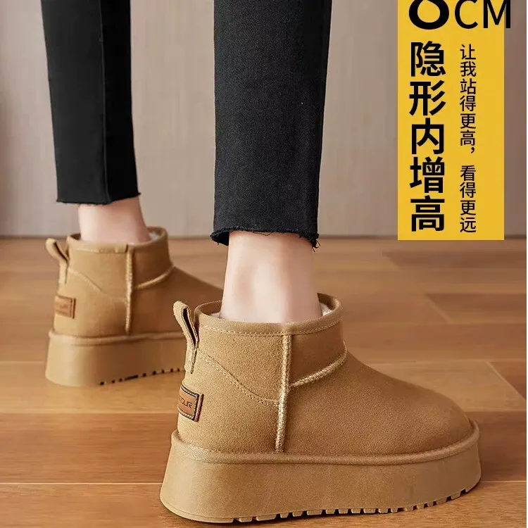 真皮小个子8cm厚底内增高雪地靴女2025冬季短筒防水保暖加绒棉鞋