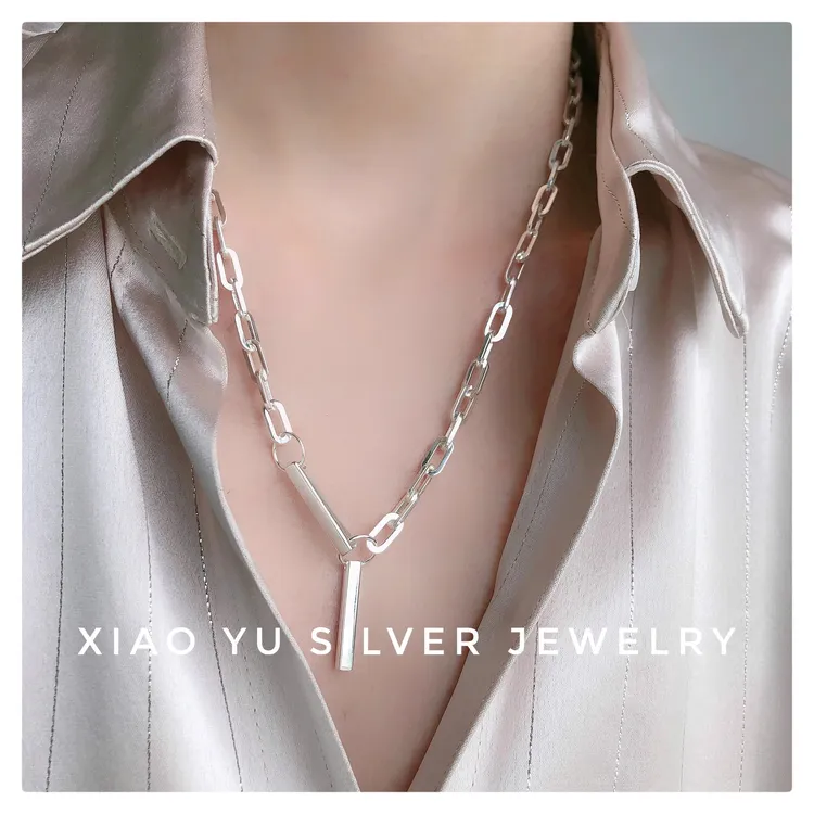 坠链均925银 无性别中性风回形针项链重工银棍子情侣简约男女银饰
