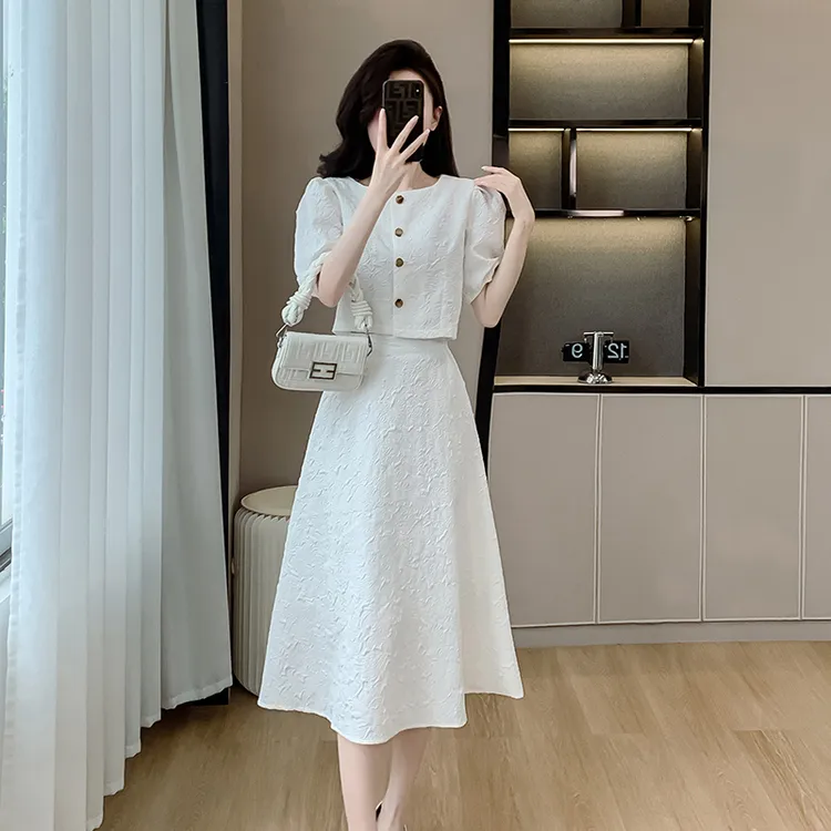 hmg528富家千金连衣裙套装夏季新款法式白色上衣高腰半身裙两件套