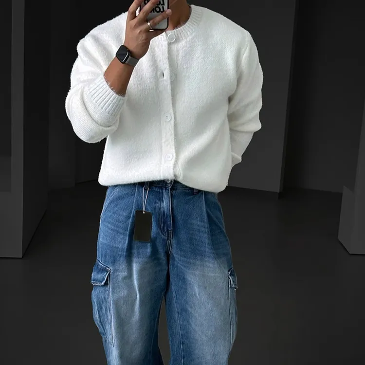 白色圆领针织开衫男士新款春秋韩系潮牌宽松慵懒风高级感外穿上衣