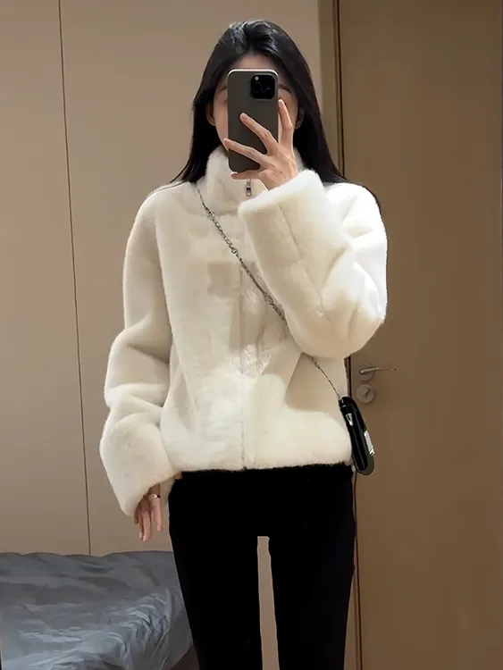 2024冬季小个子立领皮毛一体毛毛绒短款环保时尚气质毛毛外套女