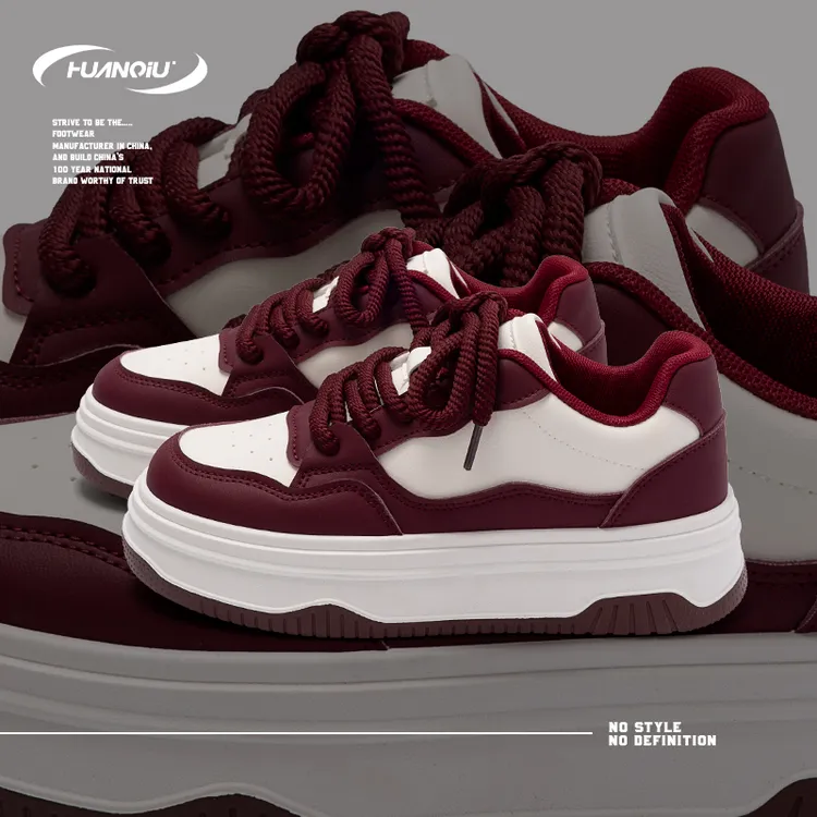 HUANQIU/环球酒红高颜值厚底增高皮面板鞋女性小众校园风学生休闲