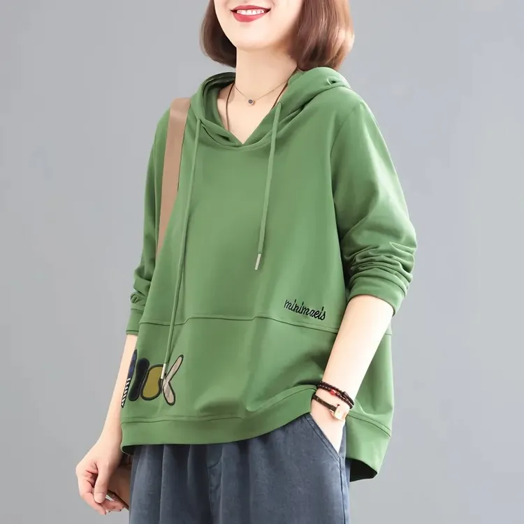 【长袖连帽套头卫衣】2025春秋新款韩版宽松大码遮肉绣花休闲上衣