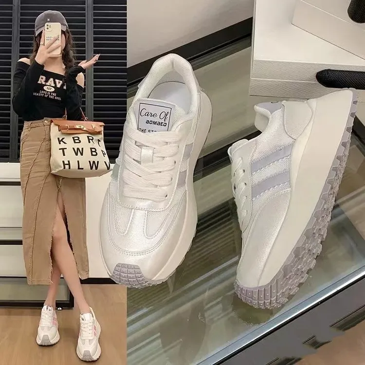 厚底华夫阿甘鞋女2024夏季网面透气内增高运动鞋显脚小银色老爹鞋