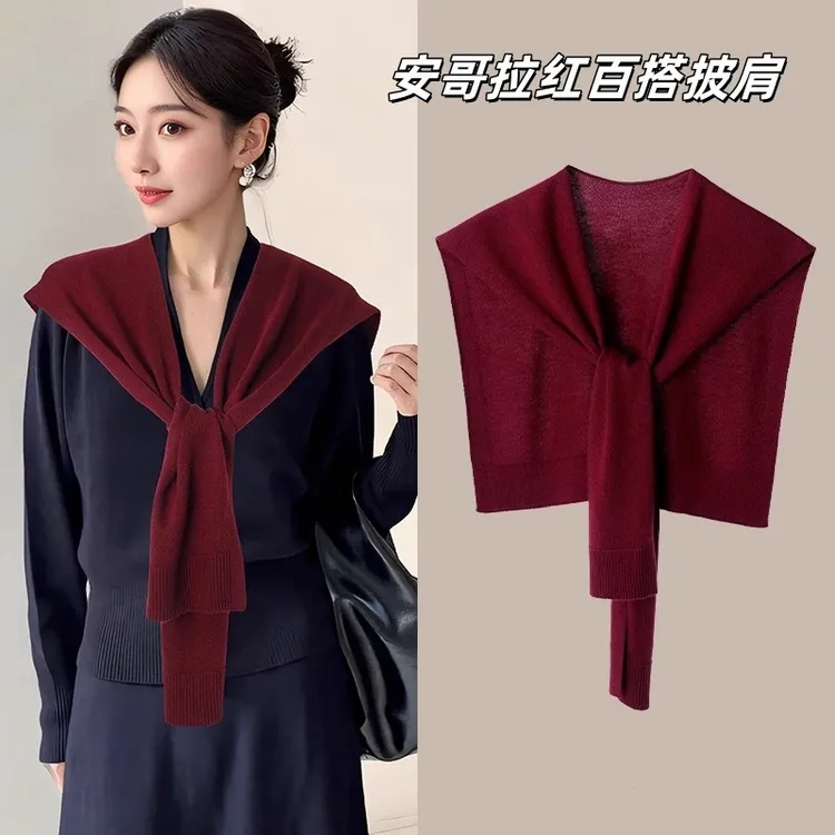 安可拉红色百搭针织披肩女春夏新款外搭空调房搭肩打结围巾护颈