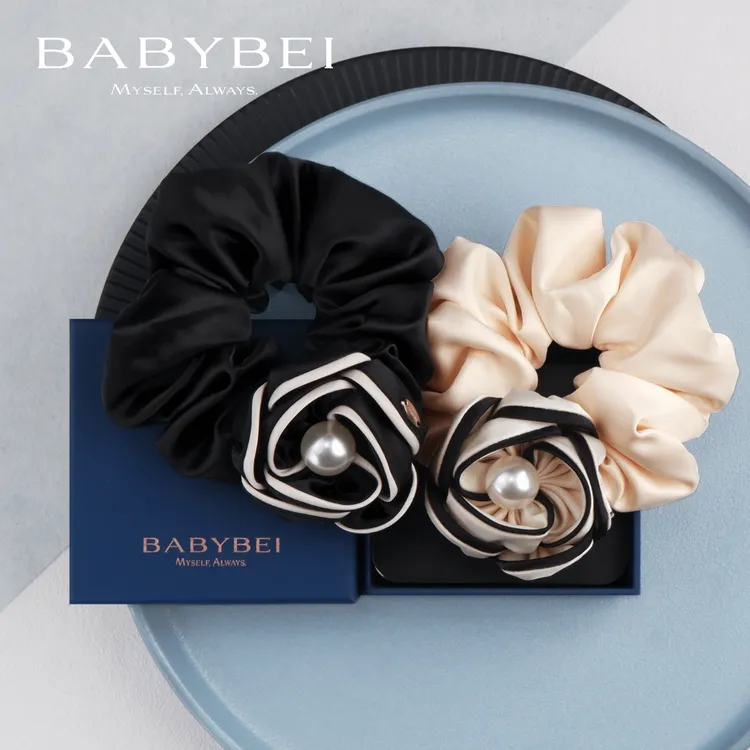 【专属价】BABYBEI/初贝茶茶高亮珠中肠发圈拼色优雅法式温柔黑色米色山茶花