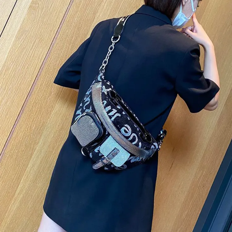 新款2025时尚镶钻亮片马鞍包女包斜挎包百搭撞色水钻腰包单肩包潮