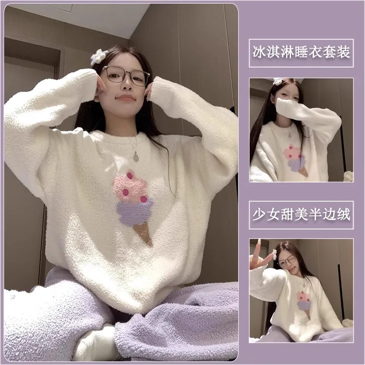半边绒睡衣女款秋冬季网红2025珊瑚绒加厚加绒女士冬天家居服套装