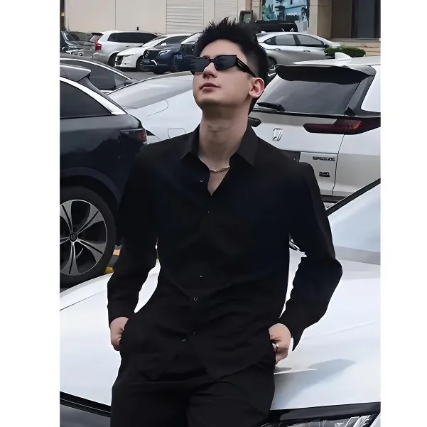 高级感痞帅潮流新款男装黑色衬衫男春夏穿搭休闲衬衣黑色长袖上衣