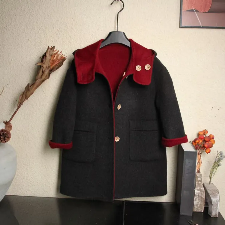 【鸿运当头】现货两面可穿冬季女童男童亲子韩版中长款双穿连帽大衣