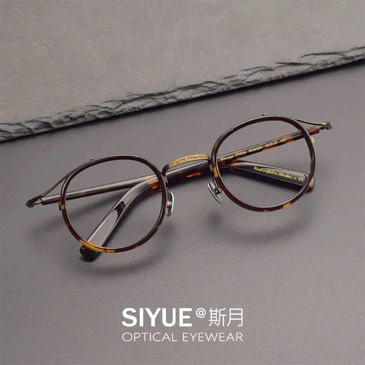 日本纯钛圆形眼镜框男复古板材雕花手工文艺可配变色近视眼镜架女