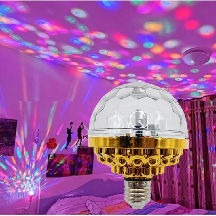 七彩旋转魔球灯金色水晶舞台氛围灯RGB炫彩E27灯泡生日派对蹦迪灯