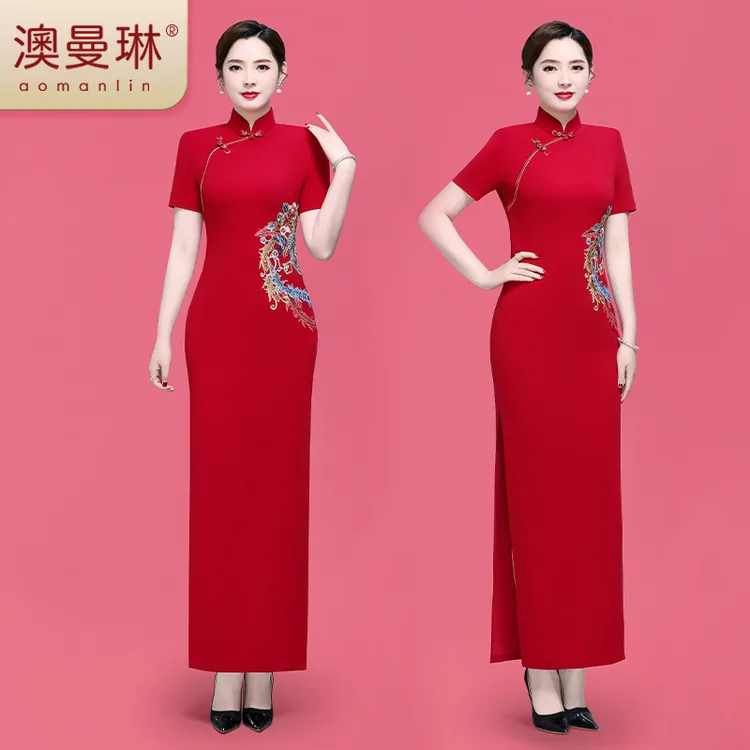 aomanlin/澳曼琳高档国风红色中式长款中长款走秀旗袍裙改良女款