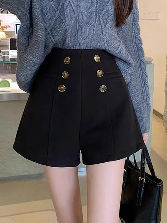 高腰毛呢短裤秋冬2025新款女装咖啡色靴裤休闲欧货百搭A字阔腿裤