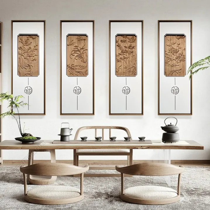 新中式40*108梅兰竹菊四条屏客厅沙发背景墙装饰画茶室背景挂画