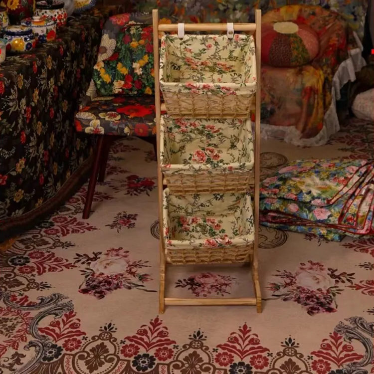 复古落地置物架实木藤编收纳储物架三层吊篮客厅家具书报架多层