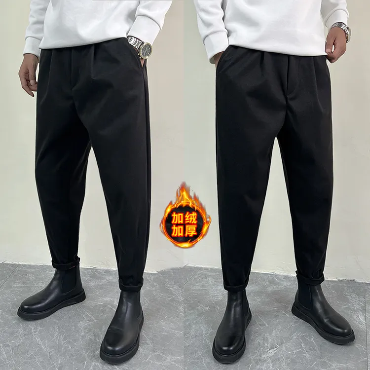 毛呢西裤男秋冬新款时尚百搭加绒休闲裤宽松垂感阔腿小脚哈伦裤子