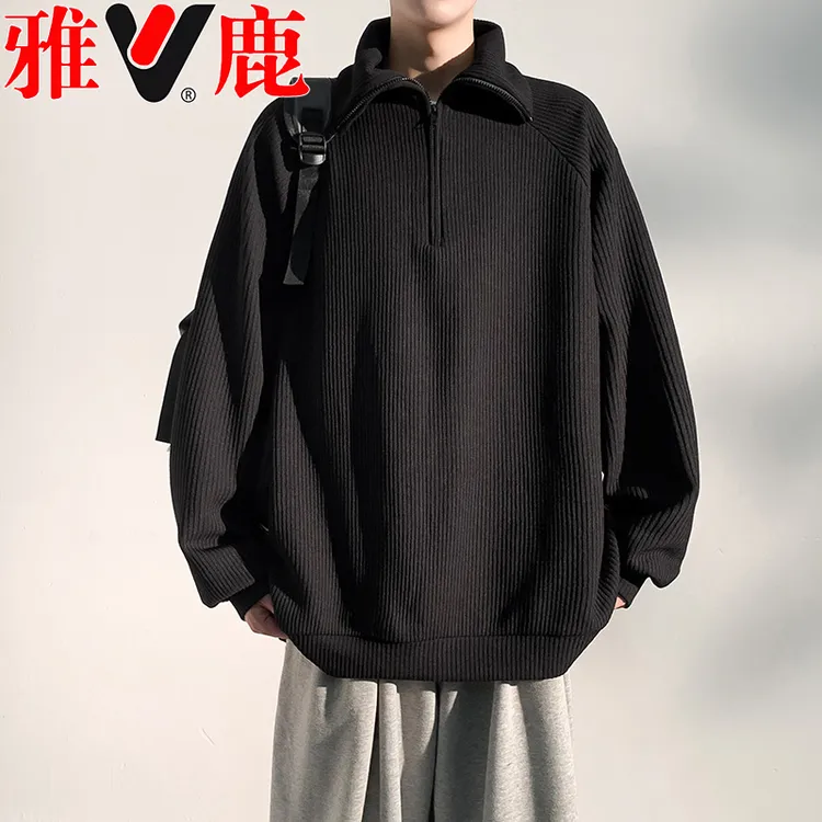 V/雅鹿重磅纯色polo衫卫衣男生春秋季美式百搭翻领半拉链男上衣服