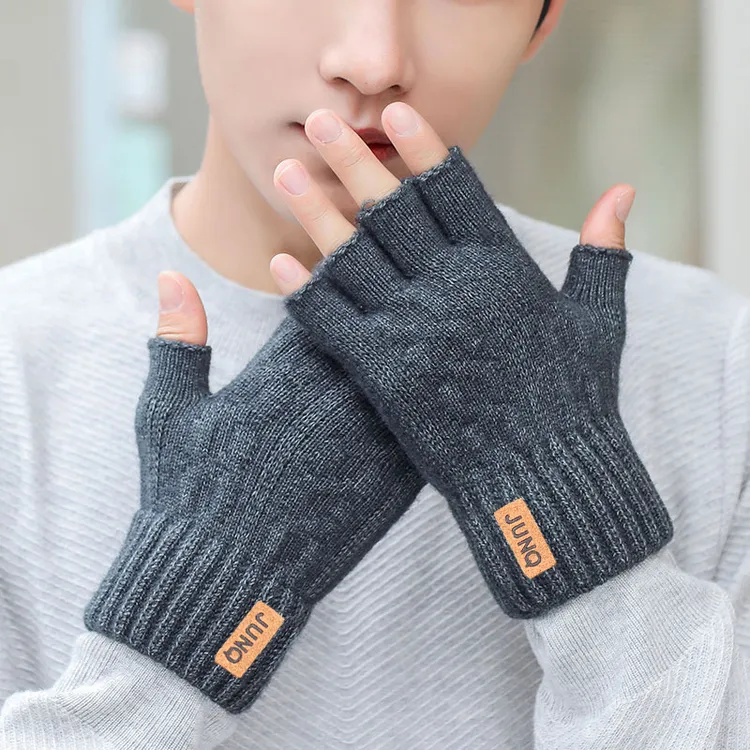 男士半指手套针织毛线露指漏指保暖加绒加厚秋冬学生时尚潮流手套
