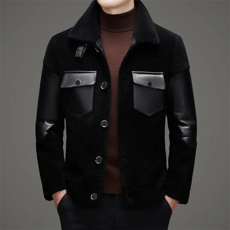 100%羊毛男士毛呢冬季保暖翻领男款短款休闲加厚皮毛一体外套男装