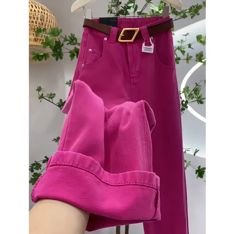 火龙果色窄版阔腿牛仔裤女2025年春秋新款宽松高腰显瘦大码直筒裤