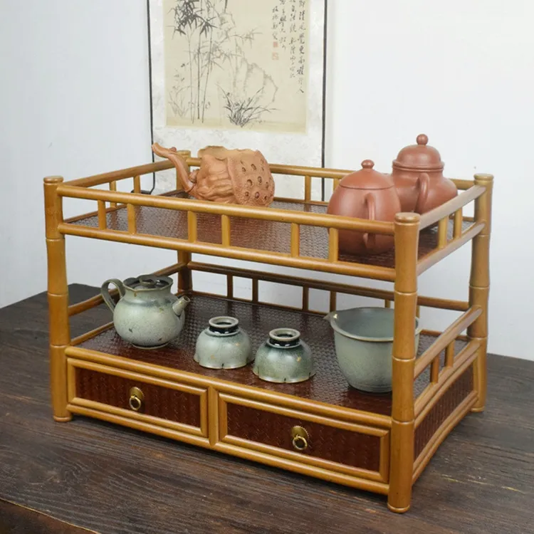 无颜楠竹茶具收纳架茶杯架壶架置物筐小博古架展示茶棚席面都承盘