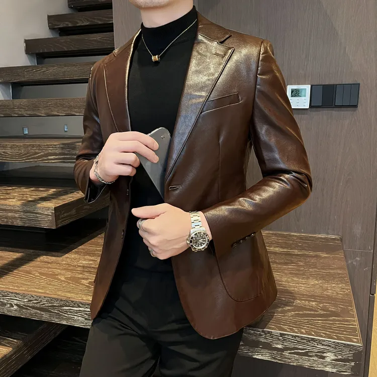 男士休闲皮西装外套秋冬季高级感男装2025新款痞帅修身西服男款潮