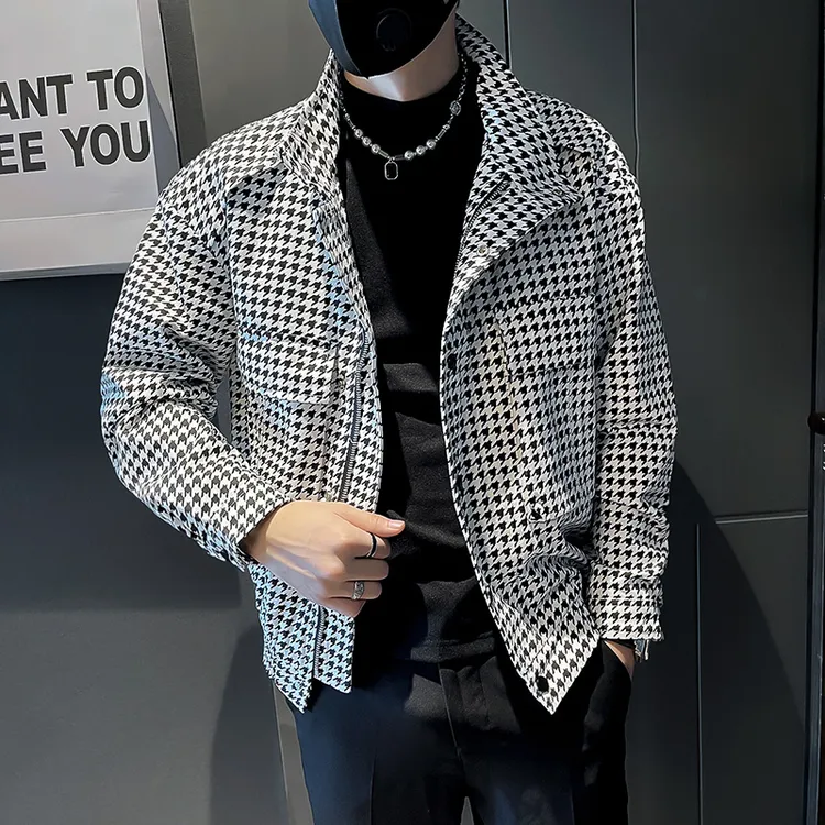 男士高端千鸟格子外套ins潮牌春秋季新款痞帅休闲翻领夹克衫百搭