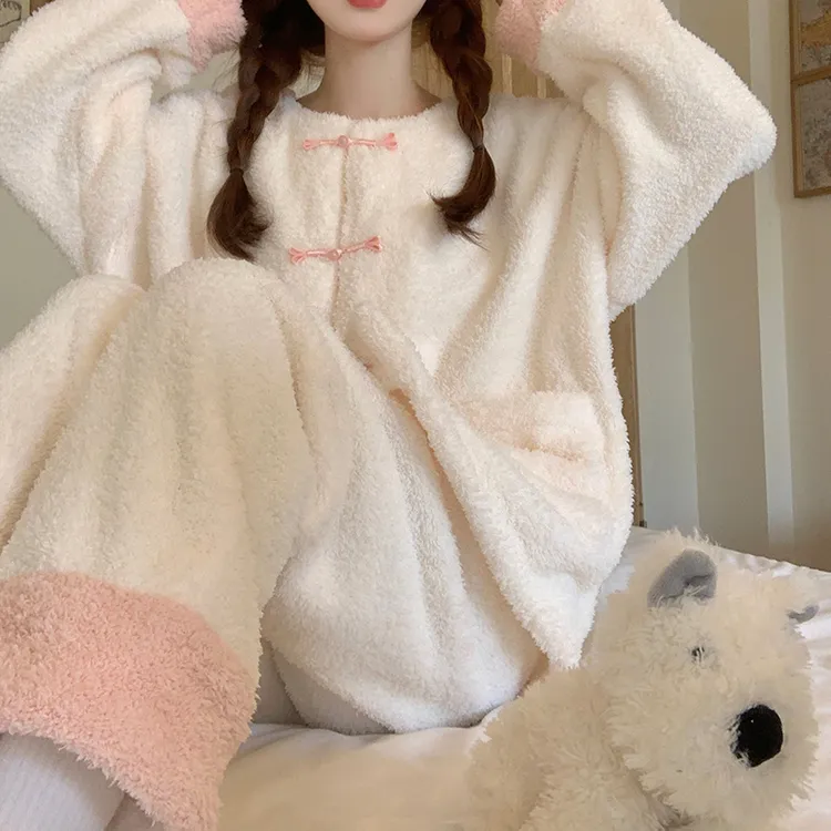 新中式国风睡衣女秋冬季珊瑚绒加厚保暖可外穿2024新款家居服套装