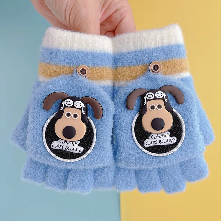 半指翻盖手套秋冬季中大男童保暖防寒8-15岁学生上课写字针织五指