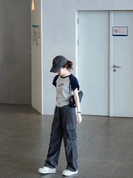 【C位LOOK】美式撞色插肩袖圆领女夏修身T恤宽松工装裤潮流休闲套装