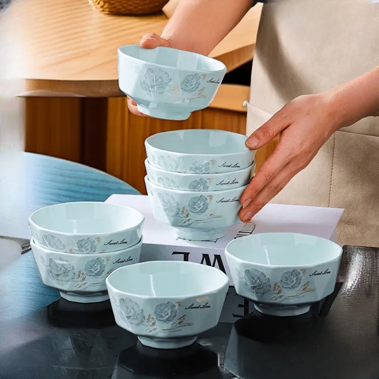 影青瓷甜蜜蜜4.5英寸米饭碗10个家用加厚防烫中式乔迁吃饭陶瓷碗商品图