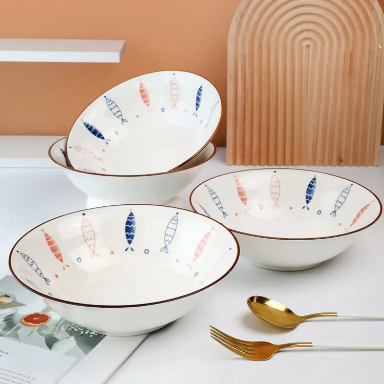 【孟垣】小鱼4个装8英寸陶瓷个性大碗家用大号高颜值斗碗面碗拉面碗