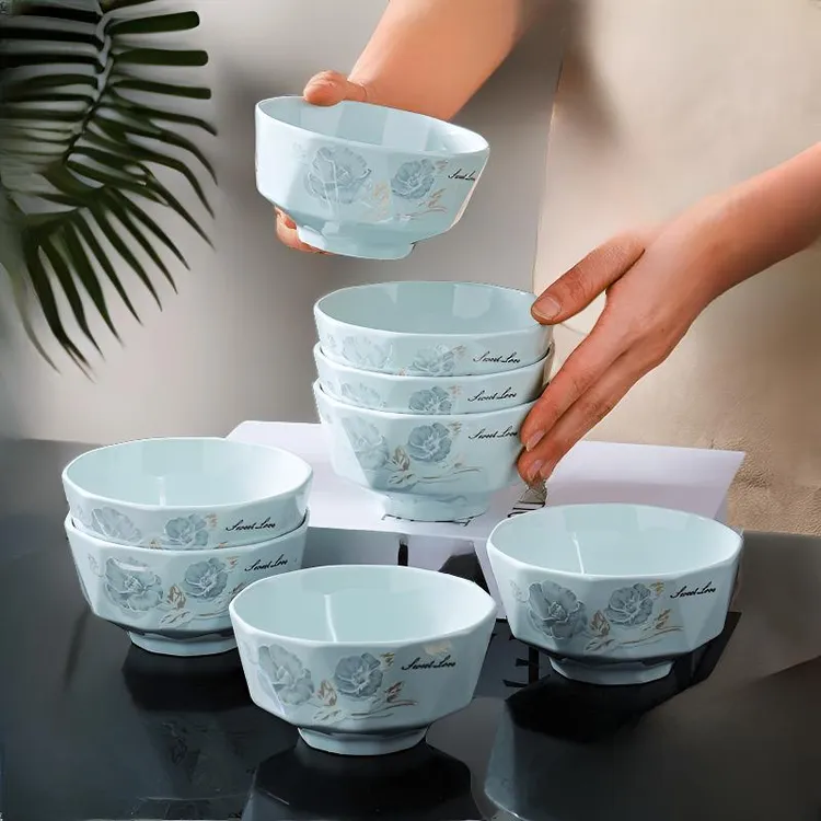 孟垣影青瓷甜蜜蜜牡丹10个加厚简约防烫米饭碗吃饭碗大碗家用瓷碗