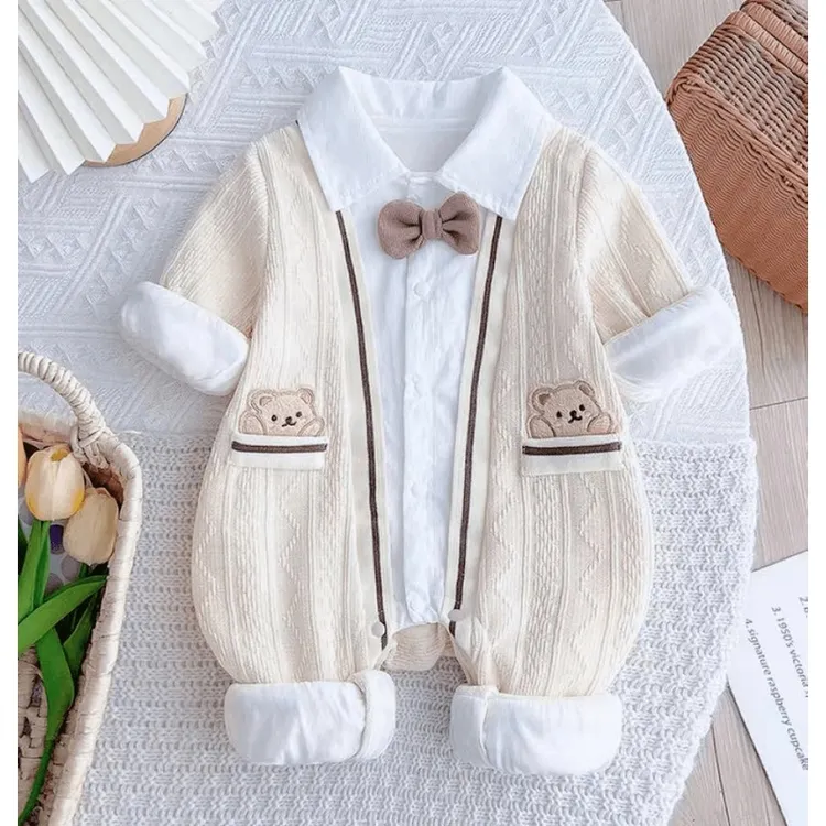 婴儿衣服连体假两件秋装男女宝宝春秋季外出时尚洋气双层冬季哈衣